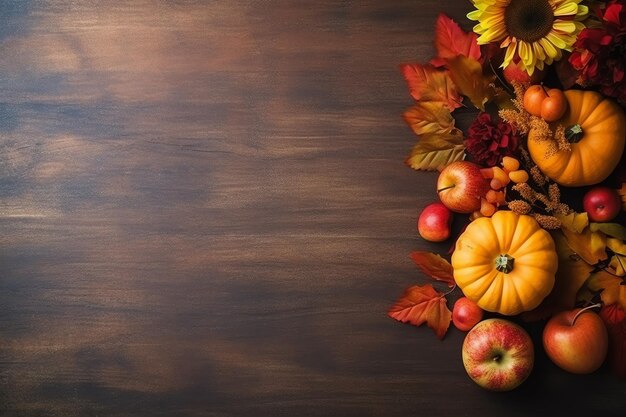 Photo thanksgiving day or autumn composition with pumpkin oranges leaves or chicken thanksgiving food