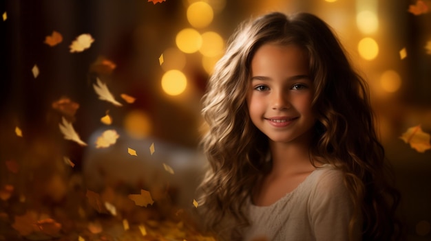 Thanksgiving day autumn portrait of young girl joy and a smile on her face