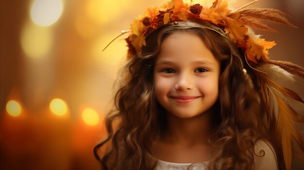 感謝祭の日 ⁇ 若い女の子の喜びと笑顔の秋の肖像画