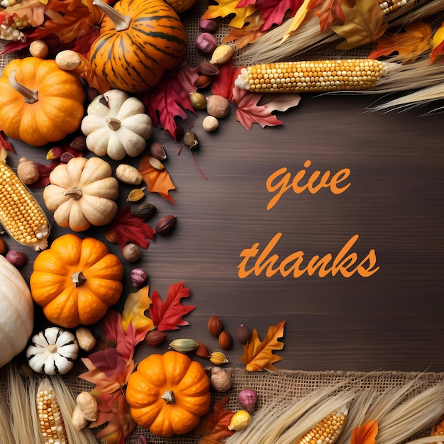 Thanksgiving day background of pumpkins corn and leaves