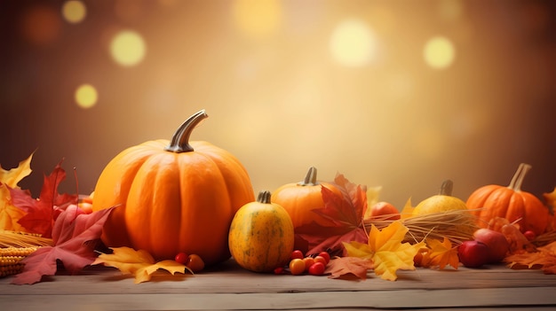 Thanksgiving Day background of pumpkins corn and leaves