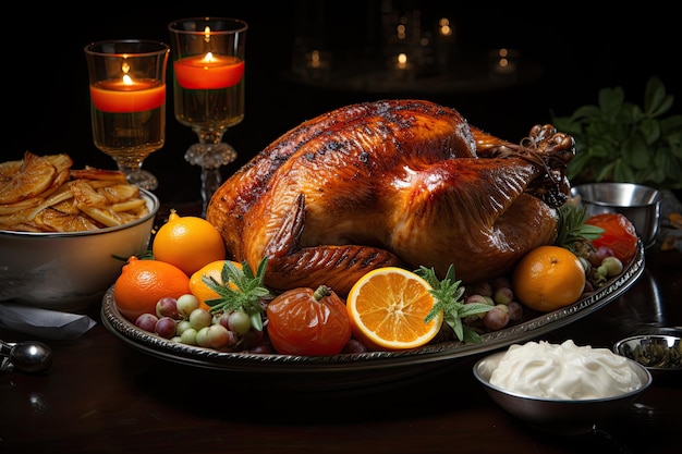 Thanksgiving Day celebration family dinner with traditional turkey potato Generative AI