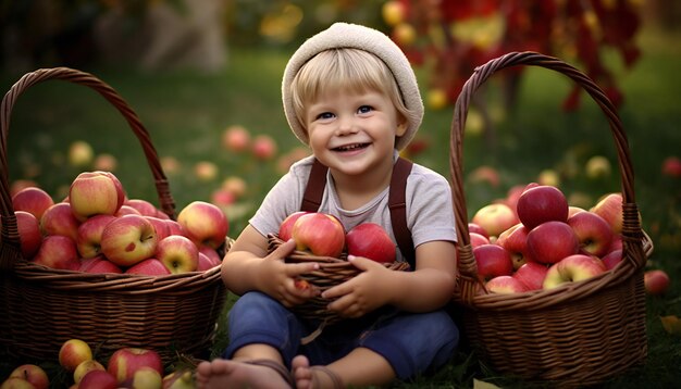 Thanksgiving Day cheerful little boy metallic basket with apples