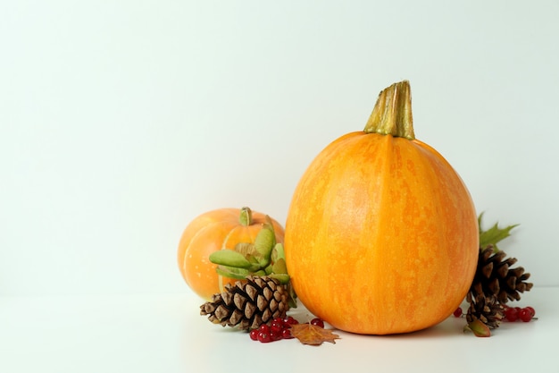 Thanksgiving Day compositie met pompoenen op witte tafel