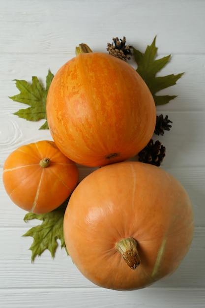 Thanksgiving Day composition with pumpkins on white wooden table