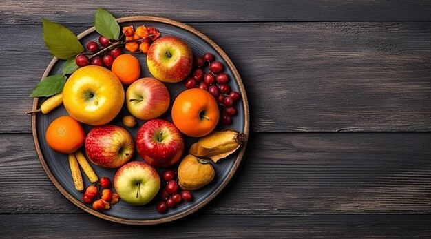 Thanksgiving day concept top view photo of plate knife napkin rowan vegetables pumpkins