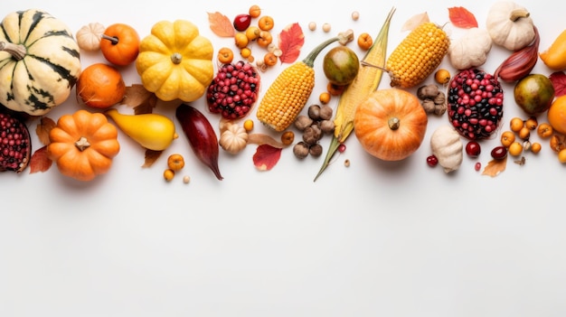 感謝祭の日のコンセプト白い背景に生野菜の上面写真AI生成