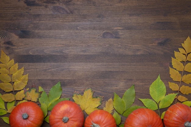 Thanksgiving day concept with pumpkins and autumn leaves, background, top view