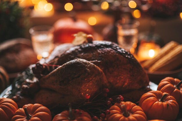 Foto cena del giorno del ringraziamento con decorazioni autunnali e candele tavolo da pranzo per famiglia apparecchiato con delizioso tacchino arrosto dorato su piatto guarnito con piccole zucche fresche al rosmarino