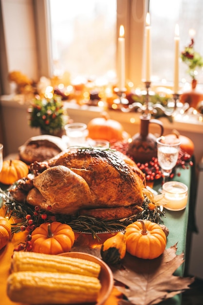 thanksgiving day dinner with holiday autumn decor and candles family dining room table set with delicious golden roasted turkey on platter garnished rosemary fresh small pumpkins