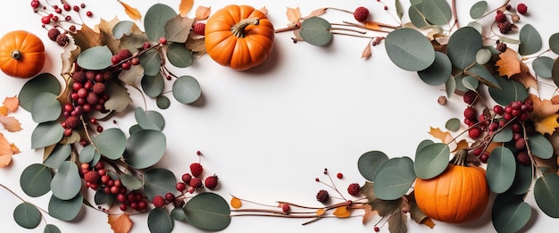 Thanksgiving day or halloween concept banner top view white background decor from pumpkin red berry