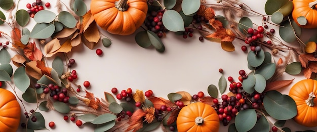 Thanksgiving day or halloween concept banner top view white background decor from pumpkin red berry