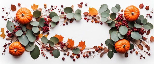 Thanksgiving day or halloween concept banner top view white background decor from pumpkin red berry