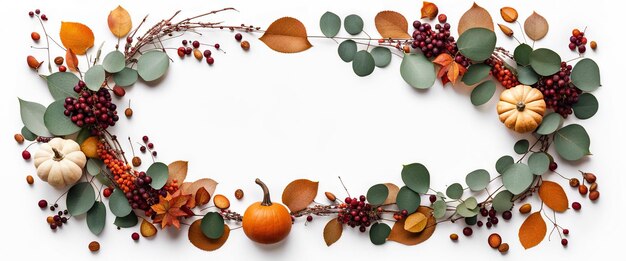 Photo thanksgiving day or halloween concept banner top view white background decor from pumpkin red berry