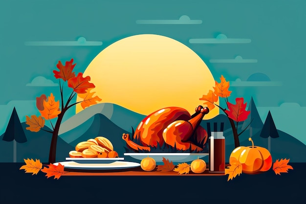 Thanksgiving day illustration roasted turkey for dinner celebration of autumn fall