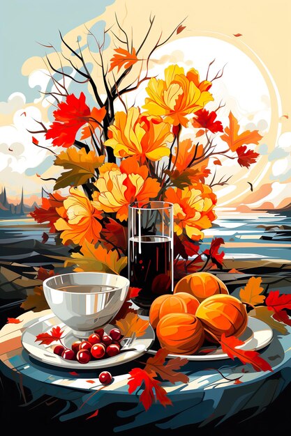 Thanksgiving day illustration roasted turkey for dinner celebration of autumn fall