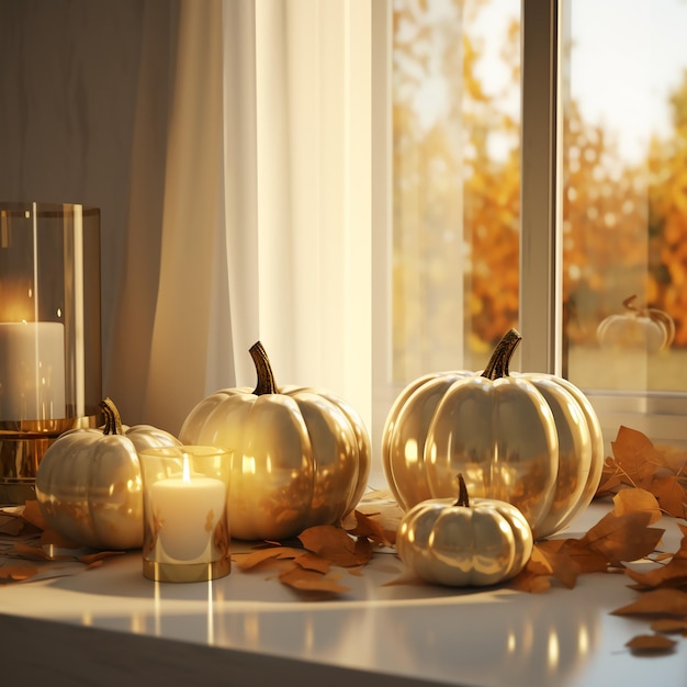 Thanksgiving Day indoor decoration pumpkins and candles