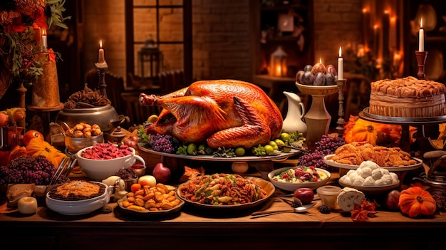 thanksgiving day Laid table with turkey generative AI