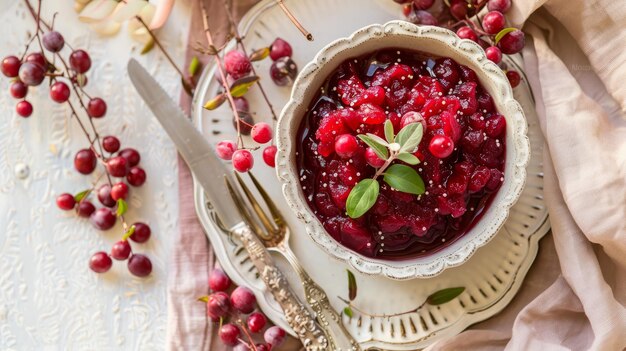 Foto giorno del ringraziamento mockup con una piccola ciotola di salsa di mirtilli