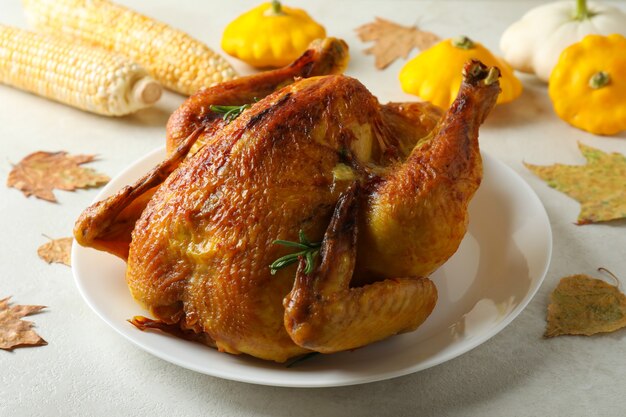 Thanksgiving Day roast turkey on white textured table