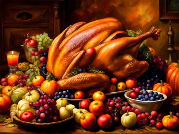 Thanksgiving day Roasted turkey and autumn fruits on wooden table