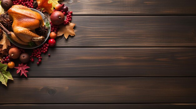 Thanksgiving day roasted turkey and festive autumn decoration copy space background