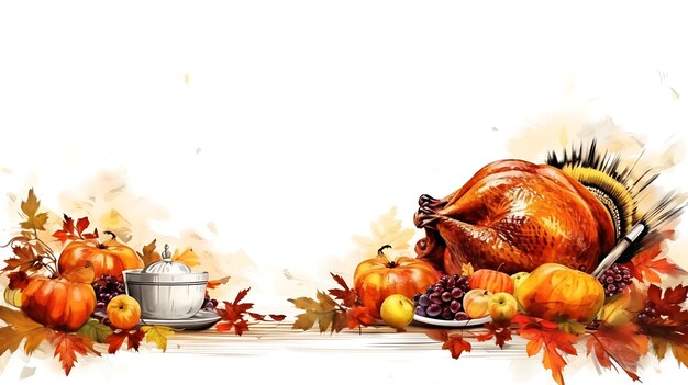 Thanksgiving day roasted turkey and festive autumn decoration copy space background