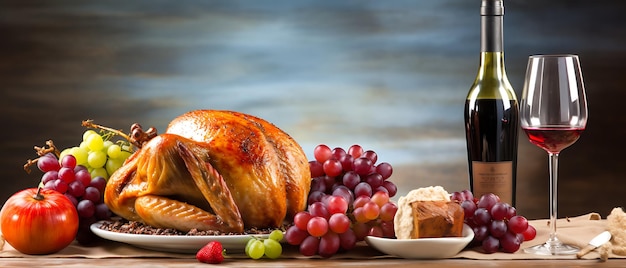 Photo thanksgiving day roasted turkey and festive autumn decoration copy space background