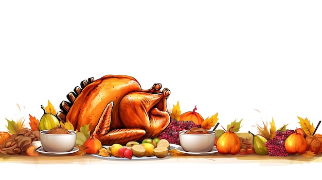 Thanksgiving day roasted turkey and festive autumn decoration copy space background