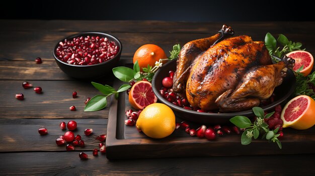 Thanksgiving day roasted turkey and festive autumn decoration copy space background