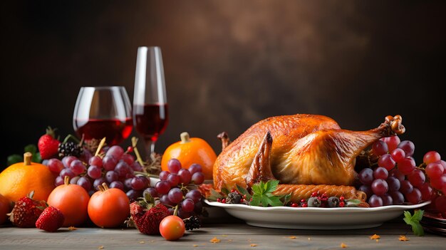 Thanksgiving day roasted turkey and festive autumn decoration copy space background