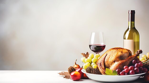 Foto il giorno del ringraziamento tacchino arrosto e festiva decorazione autunnale copia spazio sfondo