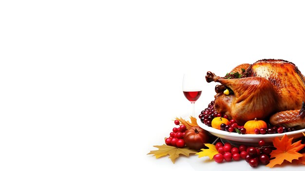 Thanksgiving day roasted turkey and festive autumn decoration copy space background