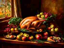 Photo thanksgiving day roasted turkey with apples and berries on wooden table