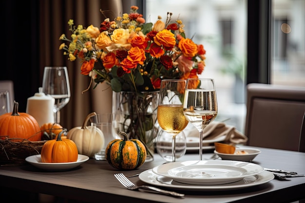 Thanksgiving day table setting in cafe autumn centerpieces with pumpkins orange and biege flowers