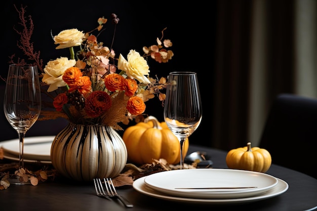 Thanksgiving day table setting in cafe autumn centerpieces with pumpkins orange and flowers close up