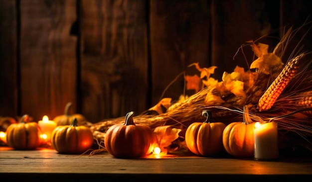 Photo thanksgiving decorations on wood table background