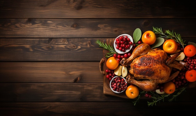 Thanksgiving diner achtergrond concept met geroosterde kalkoen en alle kanten gerechten vallen bladeren
