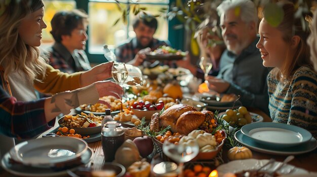 Foto thanksgiving diner met de familie een groep mensen zit rond een tafel te eten en te drinken