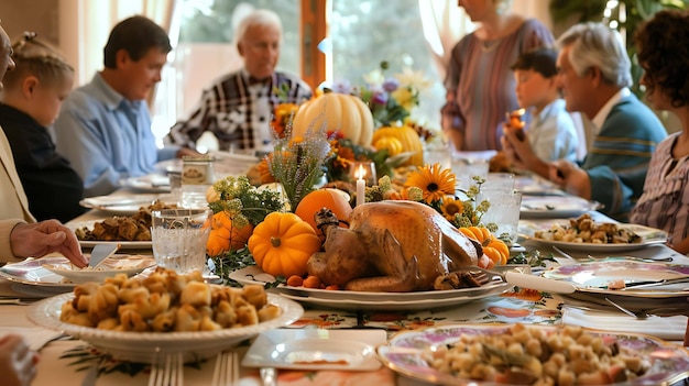 Foto thanksgiving diner met de familie een tafel vol eten met een kalkoen vulling aardappelpuree en groene bonen