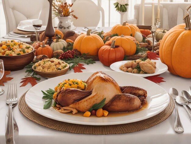 Foto thanksgiving diner met decoratie op de eettafel