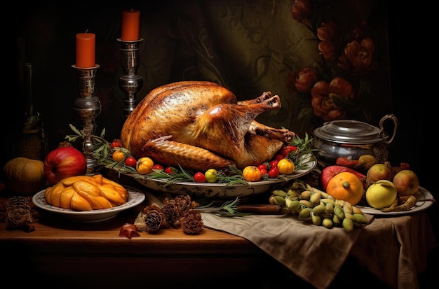 Thanksgiving-diner met kalkoen gekookt en geserveerd in de stijl van hoge resolutie