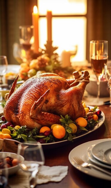 Thanksgiving diner table roasted turkey garnished with cranberries on a rustic style table decoraded