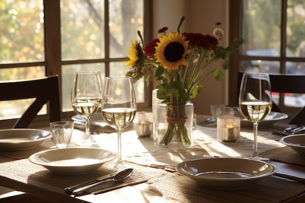 Thanksgiving-dinertafel in een lichte moderne eetkamer herfsthuisdecoratie generatieve ai