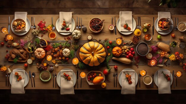 Foto elementi autunnali della cena del ringraziamento con tacchino arrosto e cibo a base di zucca cartone animato buon giorno del ringraziamento