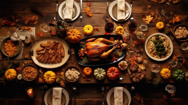 Photo thanksgiving dinner background with delicious turkey and appetizing dishes generative ai