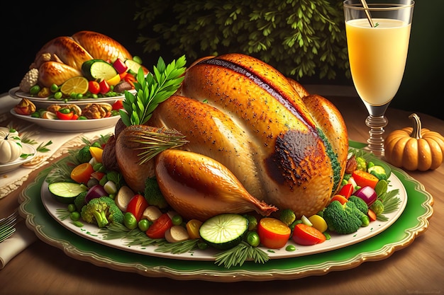 A thanksgiving dinner is displayed on a table.