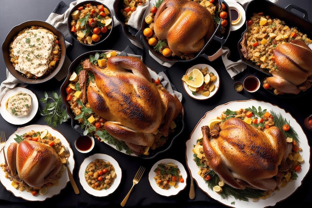 A thanksgiving dinner is served on a table with a turkey on it.