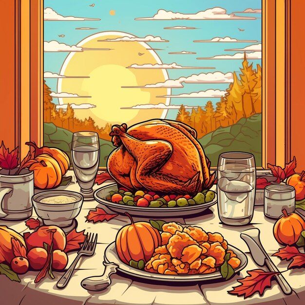 Photo a thanksgiving dinner is set up in front of a window.