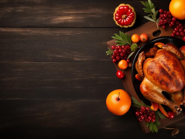 Thanksgiving dinner Roasted turkey cranberries pomegranate and oranges on dark wooden background